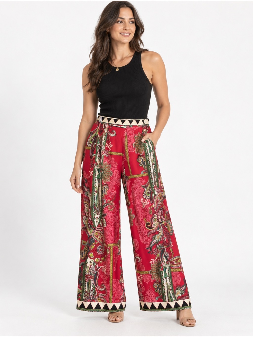 Beige by ECI Red Paisley Wide Leg Palazzo Pants Boho Scarf Print Bold Resortwear